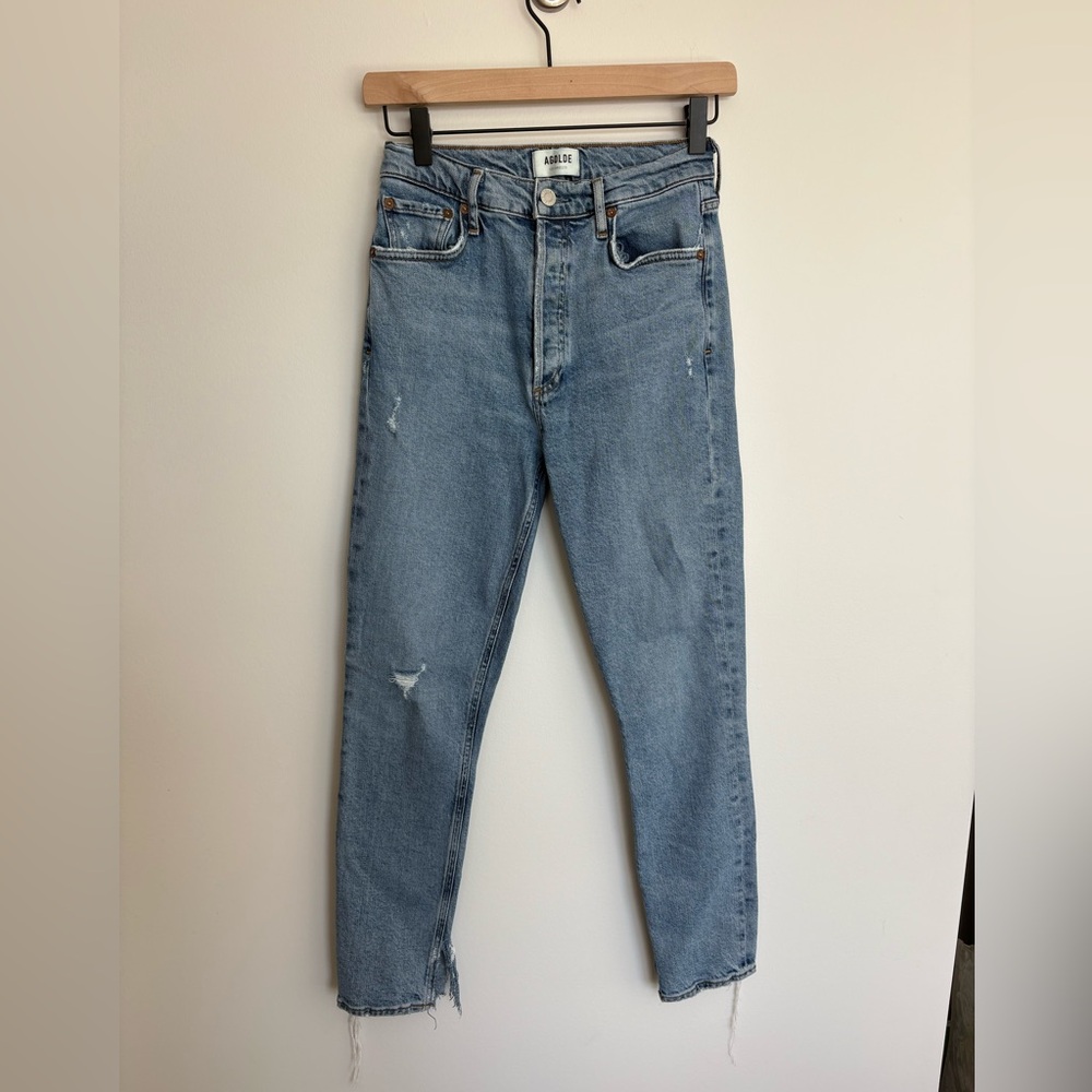 Agolde Nico A093B-3002 Blue Distressed Raw Slit Hem Button-Fly Denim Jeans